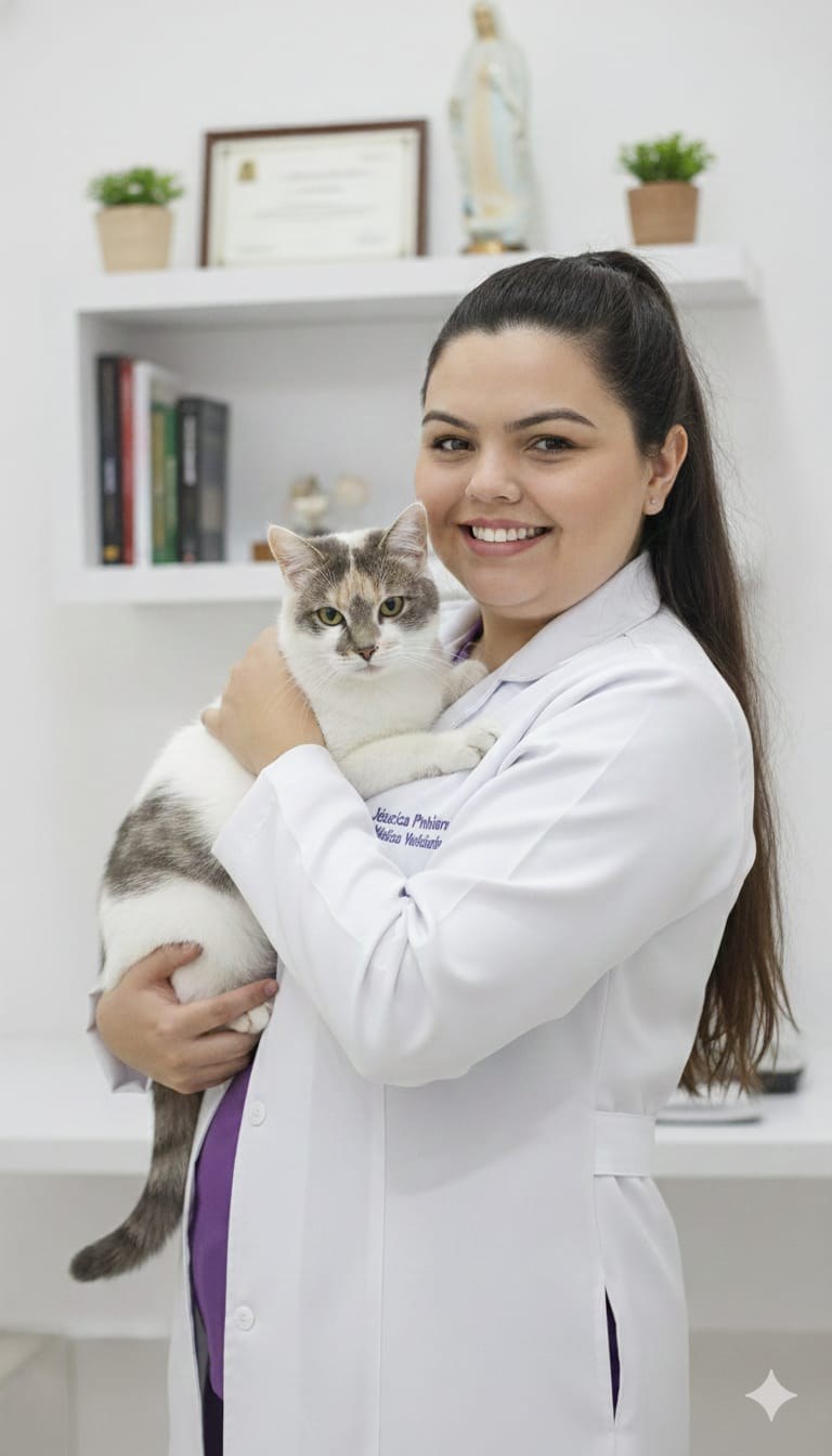 Dra. Jéssica Pinheiro com um cachorro e um gato no colo